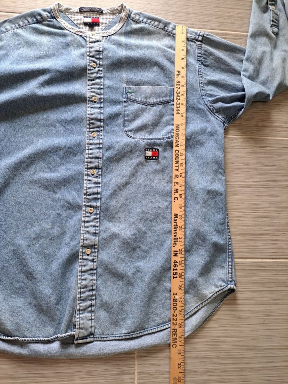 Vtg 90's Tommy Jeans Band Collar Denim Shirt XL Men's Logo Embroidery Button - Picture 10 of 14